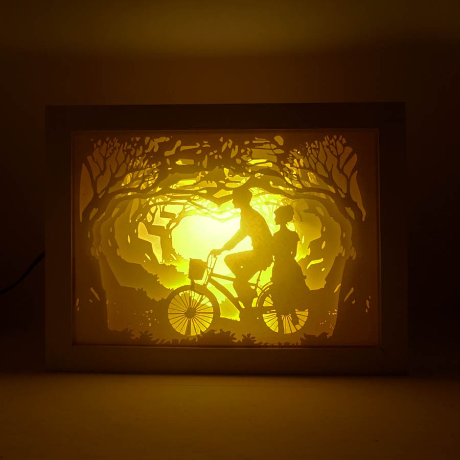 Hộp đèn gỗ 3D trang trí - Đạp xe - Quà tặng - Hộp Concept - Lightbox (27x17x5cm)