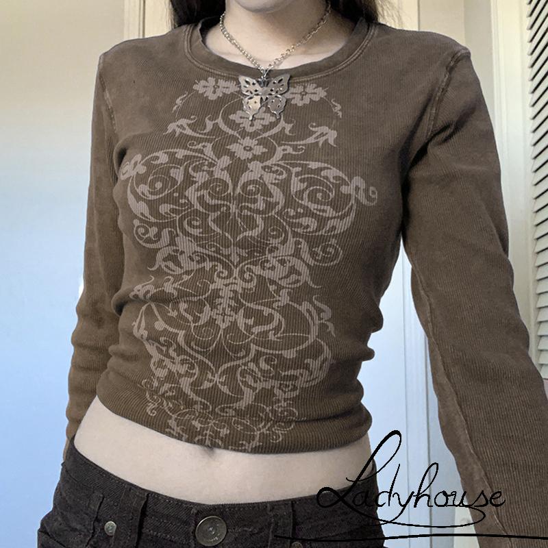 Áo Thun Tay Dài Cổ Tròn In Họa Tiết Vintage Dành Cho Nữ