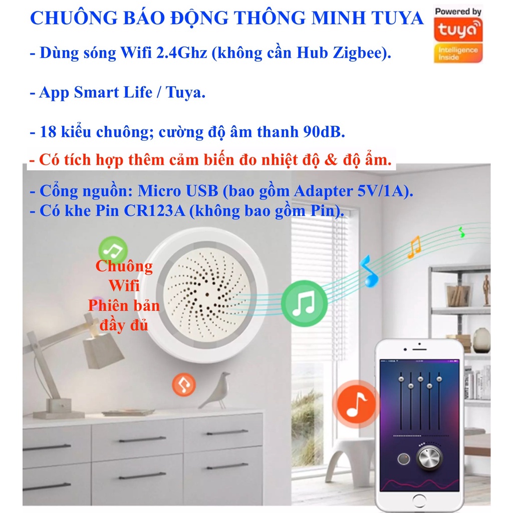 Chuông báo động , báo khách thông minh , sóng Zigbee / Wifi , hệ Tuya / Smart Life / Home Assistant -