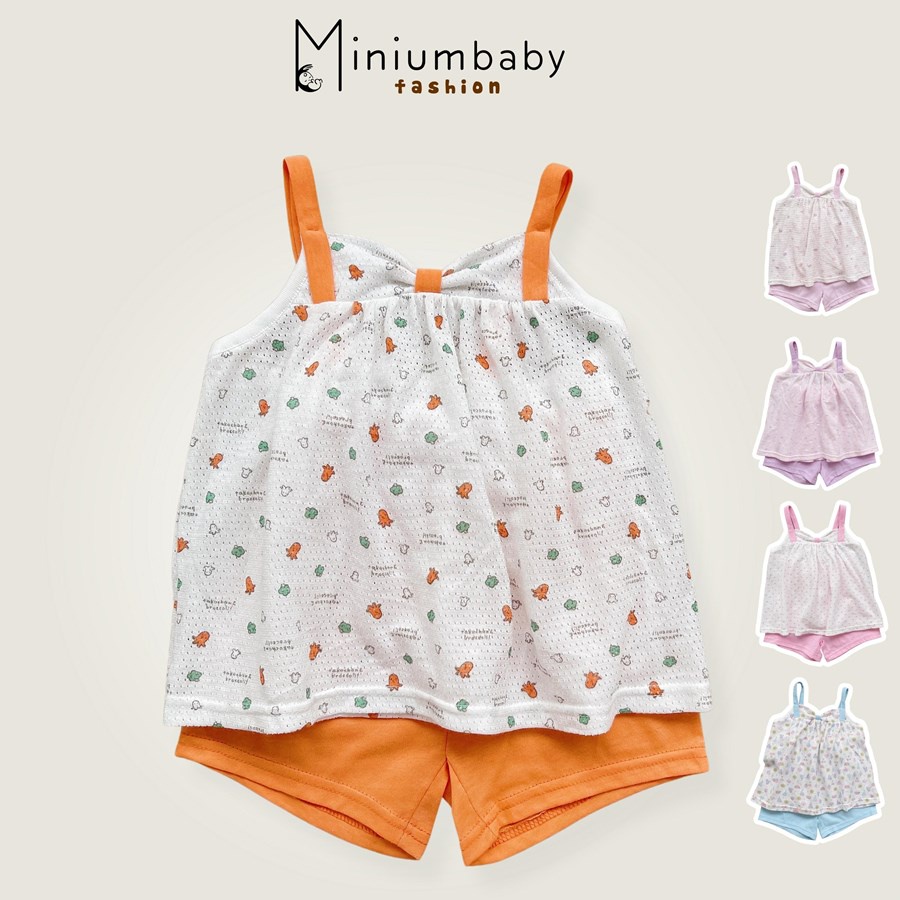 Bộ đồ 100% cotton 2 dây thắt nơ xinh xắn mặc mùa hè cho bé gái MiniumBaby, quần áo trẻ em mềm mát- SB1242