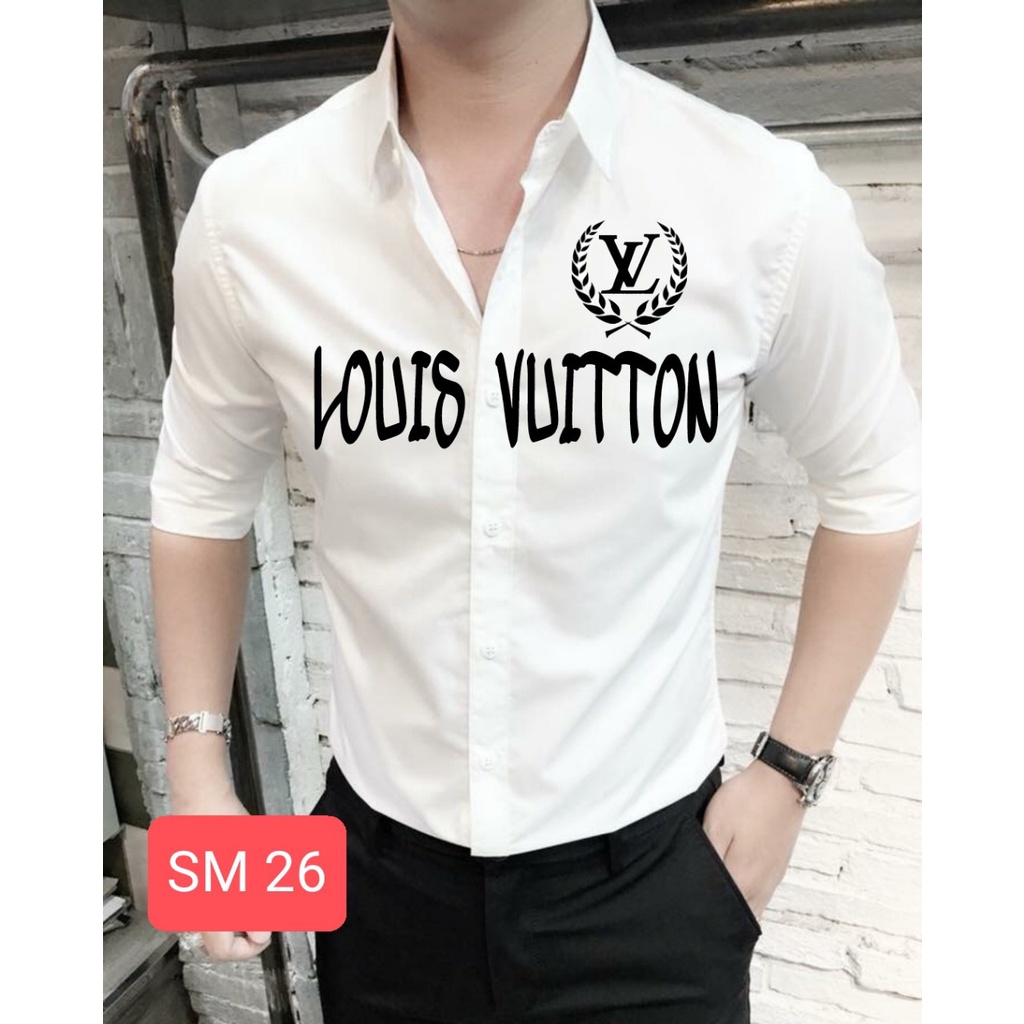 ÁO SƠ MI NAM TAY DÀI TRẮNG HỌA TIẾT CHỮ, LOGO NV PHÙ HỢP ĐI CHƠI, ĐI LÀM