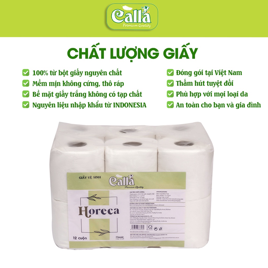 Giấy vệ sinh Calla Horeca 2 lớp 12 cuộn/ bịch 800 gram mềm mại, không hoá chất tẩy trắng