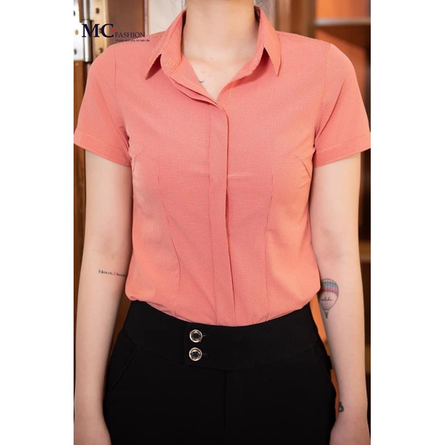Áo Sơ Mi Nữ Công Sở Mc Fashion A645 Size S M L Xl 2XL Tay Ngắn Cộc Kẻ Sọc Caro Màu Xanh Hồng Cam Ghi A645