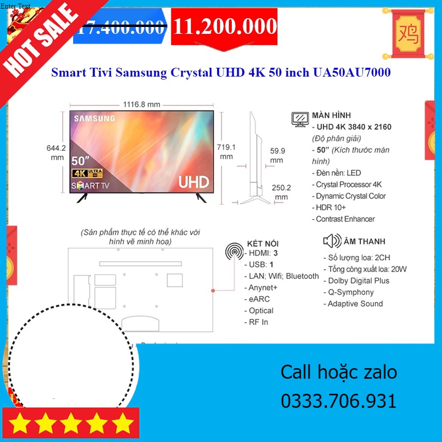 giao hàng toàn quốc _ Smart Tivi Samsung Crystal UHD 4K 50 inch 50AU7000 _ miễn phí lắp đặt
