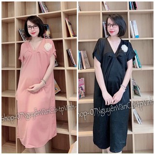 Váy Bầu Hè Cộc Tay Cổ Tim Dáng Suông Kèm Hoa Cài Ngực HD2633 Honey Mommy Đầm Bầu Công Sở Đi Chơi Đi Tiệc