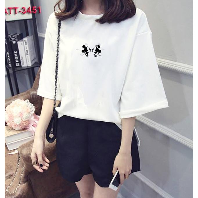 Áo thun nữ tay lỡ Hàn Quốc form rộng in hình cặp đôi chuột kiss vải dày mịn TEEWOTL96