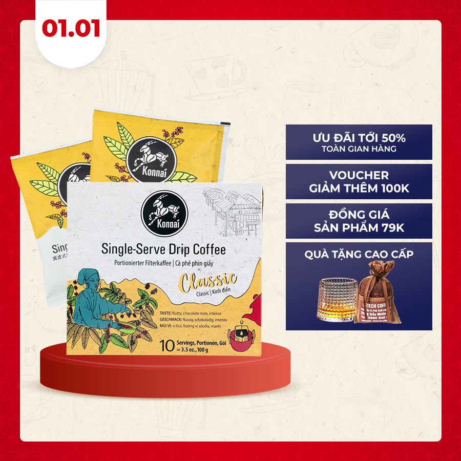 Cà phê phin giấy nguyên chất Classic Coffee pha chế tiện lợi 100% Robusta Konnai Coffee phù hợp đi làm, đi học, đi du lị