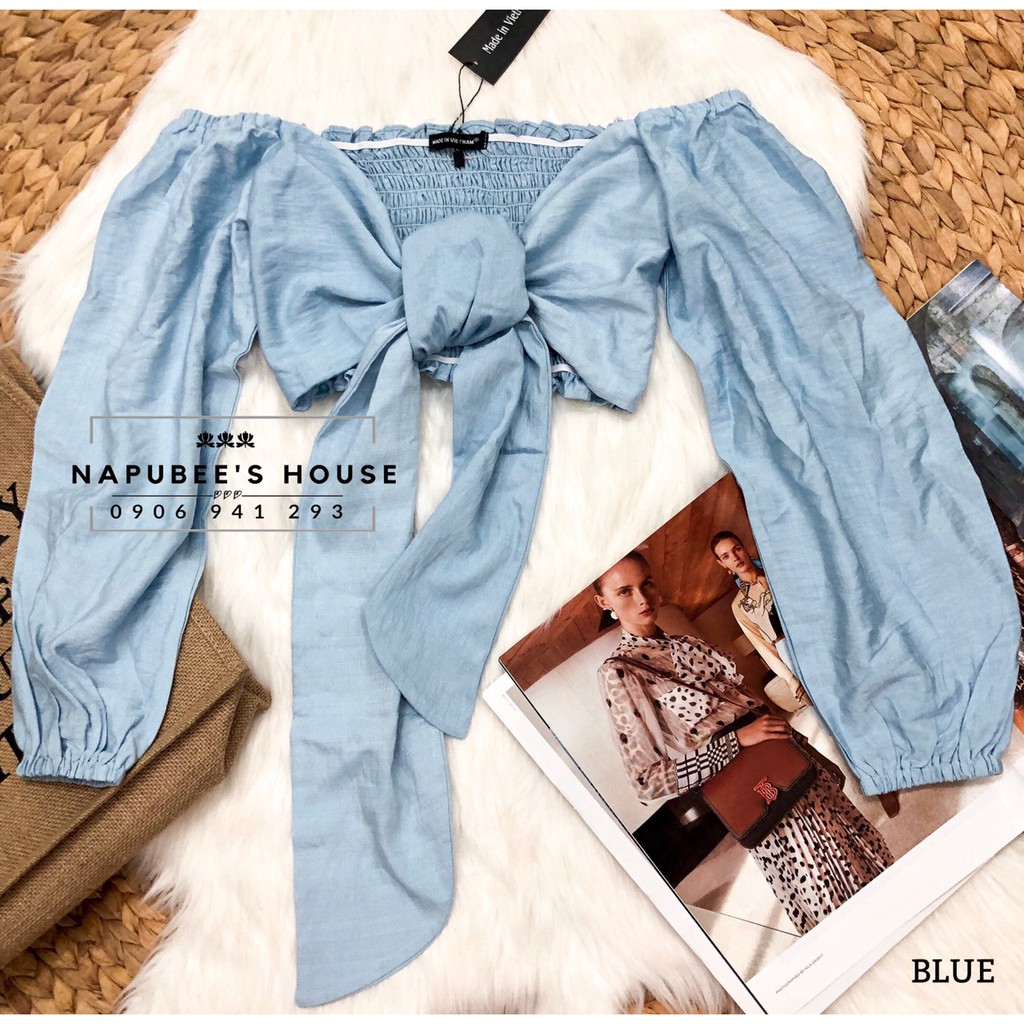 [Napubee] áo croptop cột nơ tay dài Blue top - áo croptop cột dây hàng thiết kế