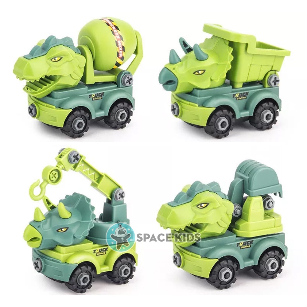Set 4 xe lắp ghép khủng long công trường, xe ô tô đồ chơi tặng kèm tovit, cờ lê cho bé