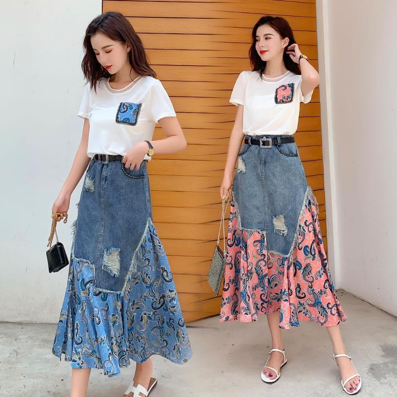 Set Áo Thun Ngắn Tay Đính Hạt + Chân Váy Denim Thời Trang Nữ