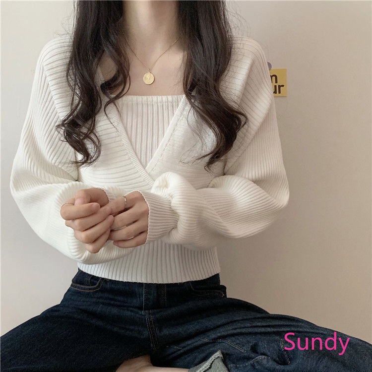Áo sweater dệt kim tay phồng cổ chữ v phối áo dây bên trong giả 2 lớp thời trang mùa thu cho nữ