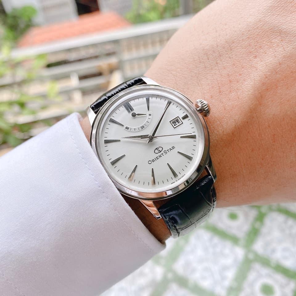 Đồng hồ Nam Orient Star Automatic SAF02004W0 Mặt trắng,Lịch ngày,Kim báo cót-Máy cơ tự động-Dây da đen cao cấp-Size 39mm