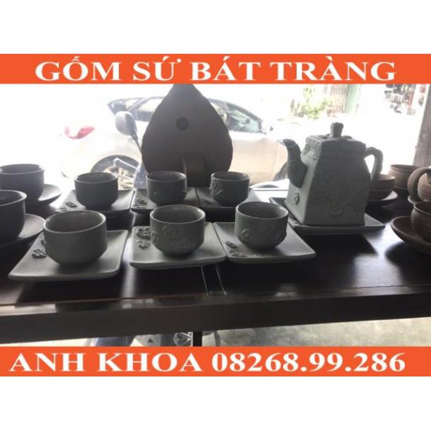 Ấm chén hồng sa khắc hoa Bát Tràng - Gốm sứ Bát Tràng Anh Khoa