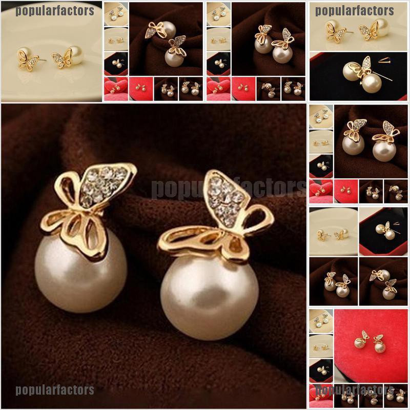 Khuyên tai ngọc trai giả màu vàng hình bướm đính đá pha lê giả thời trang cho nữ