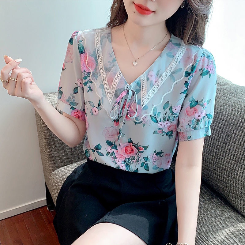 Áo Sơ Mi Chiffon Tay Ngắn Cổ Búp Bê In Họa Tiết Hoa Thời Trang Mùa Hè Kiểu Mới Cho