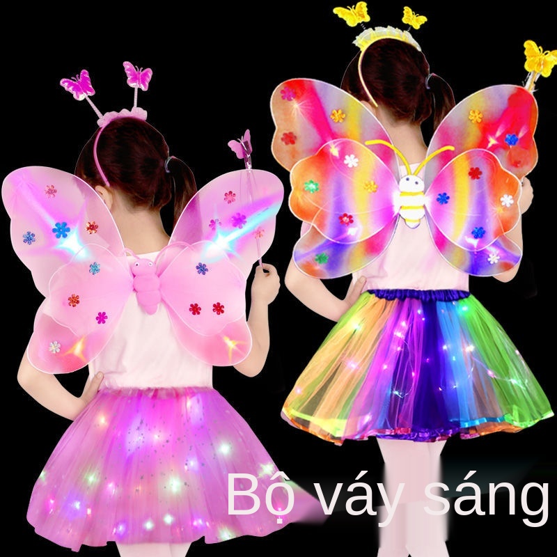 ◎Trẻ em màu hồng phát sáng cánh bướm đồ chơi bốn mảnh váy nhỏ cô gái công chúa bé mặc lại váy