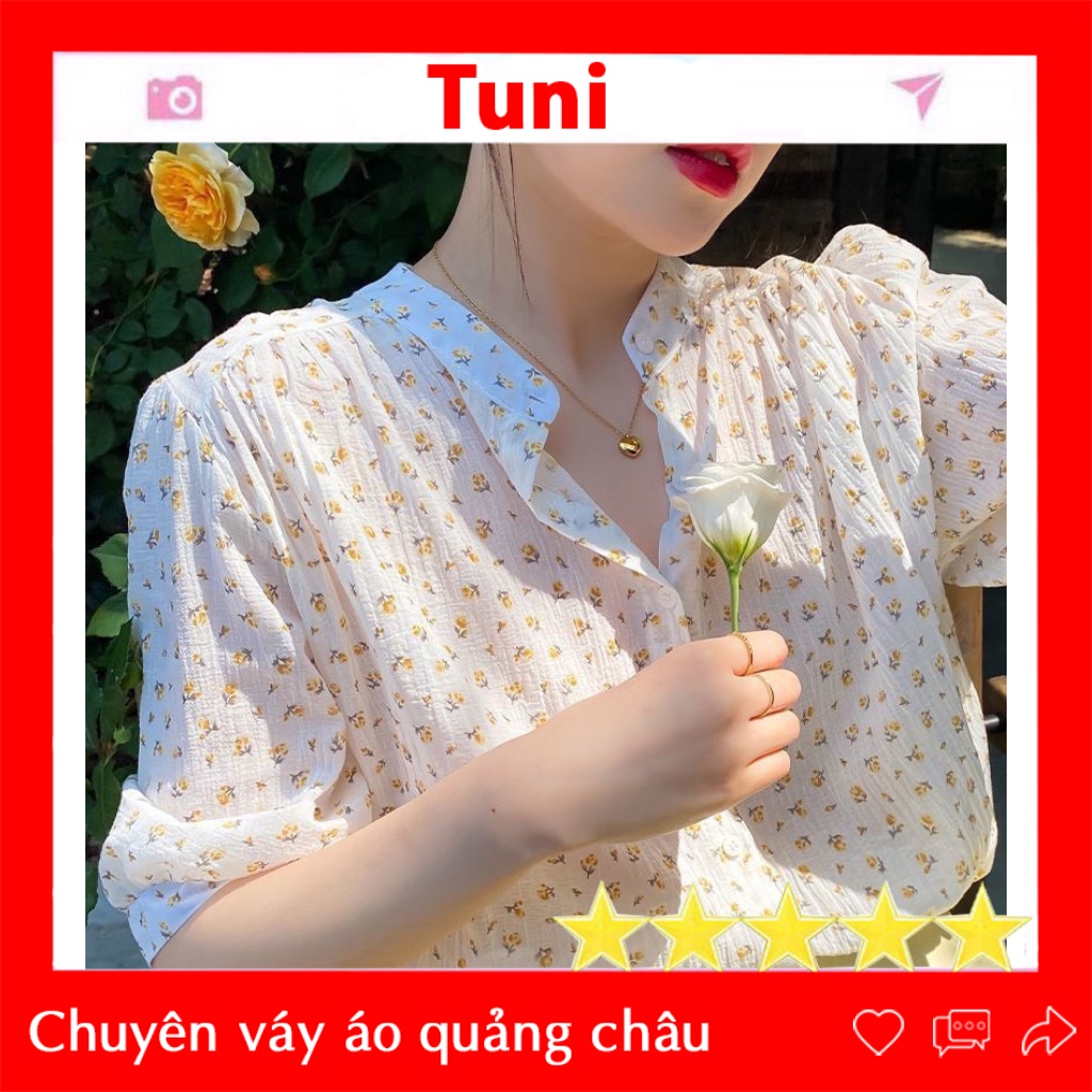 Áo sơ mi nữ cổ tàu hàn quốc dáng công sở basic họa tiết hoa nhí tay ngắn - 819