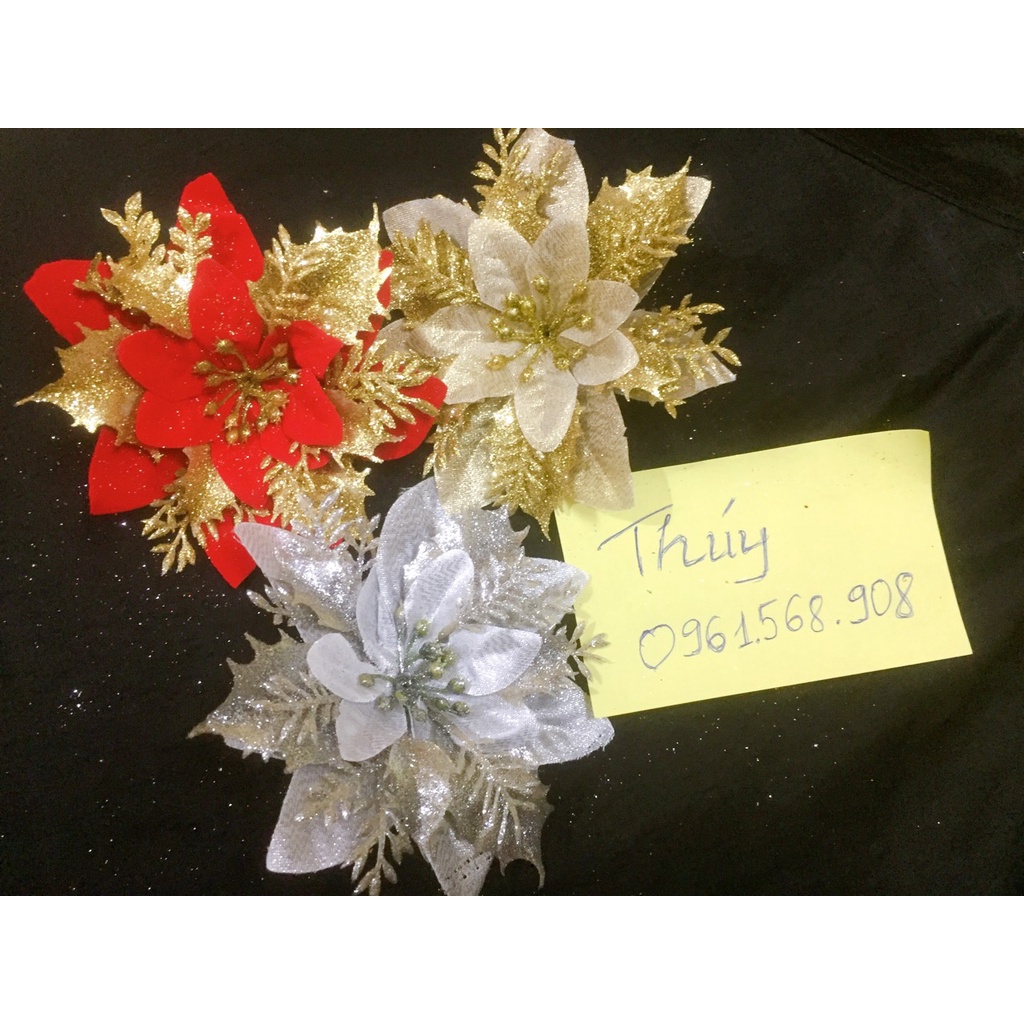 Hoa trạng nguyên vải lụa nhung size 14cm nhũ, kim tuyến trang trí vòng nguyệt quế, cây thông noel | Phụ kiện trang trí