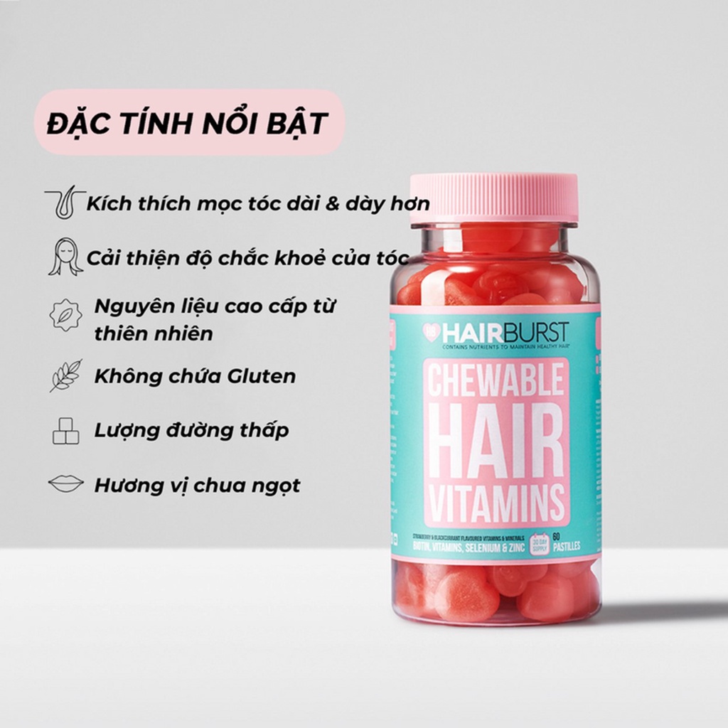 Kẹo dẻo vitamin chăm sóc, kích thích mọc tóc Hairburst chewable hair vitamins 60 viên/1 lọ Extaste