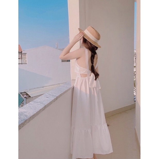 Đầm maxi dài hở lưng đi biển hot trend, Váy 2 dây bản to dáng dài màu trắng, đen đi biển đẹp Maitrangshop92 (TTA98)