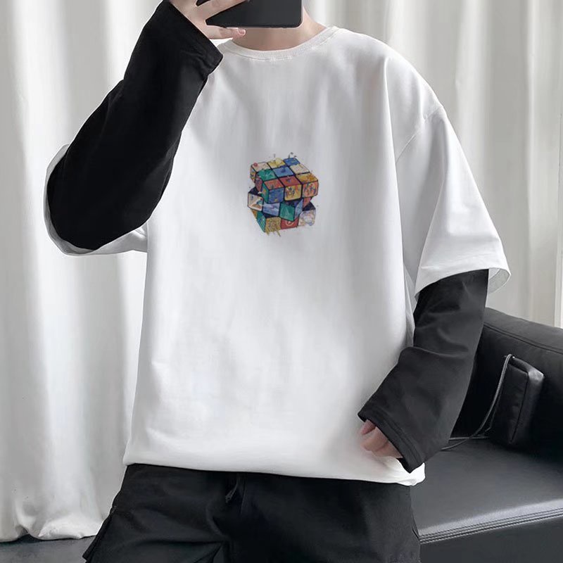 Áo Sweater Cổ Tròn Giả Hai Lớp Form Rộng In Họa Tiết Thời Trang Xu Hướng Hàn Quốc