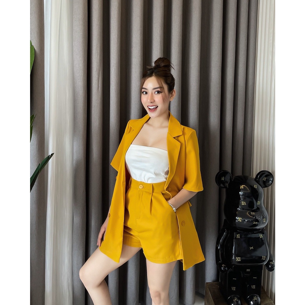 Áo Blazer Cộc Tay Kèm Quần Short Nhiều Màu, Bộ Vest Nữ 4 Cúc Phong Cách Hàn Quốc Đẹp