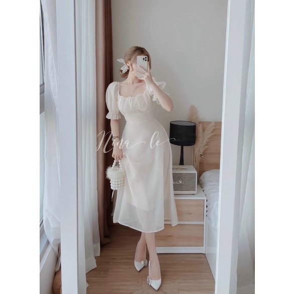 Đầm Tiểu Thư Tay Phồng Xếp Ly Ngực Có Mút Chất liệu Voan Chinfo Chuẩn Shop