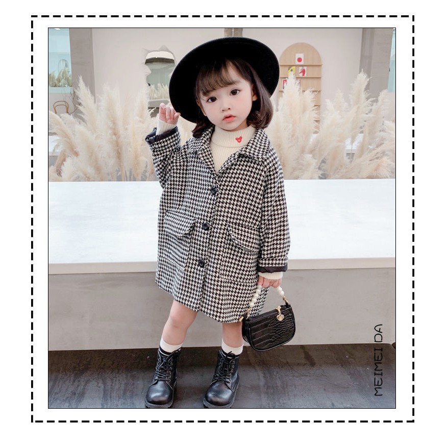 Áo Khoác Len Dày Thời Trang Thu Đông Phong Cách Hàn Quốc Cho Bé Gái Họa Tiết Houndstooth