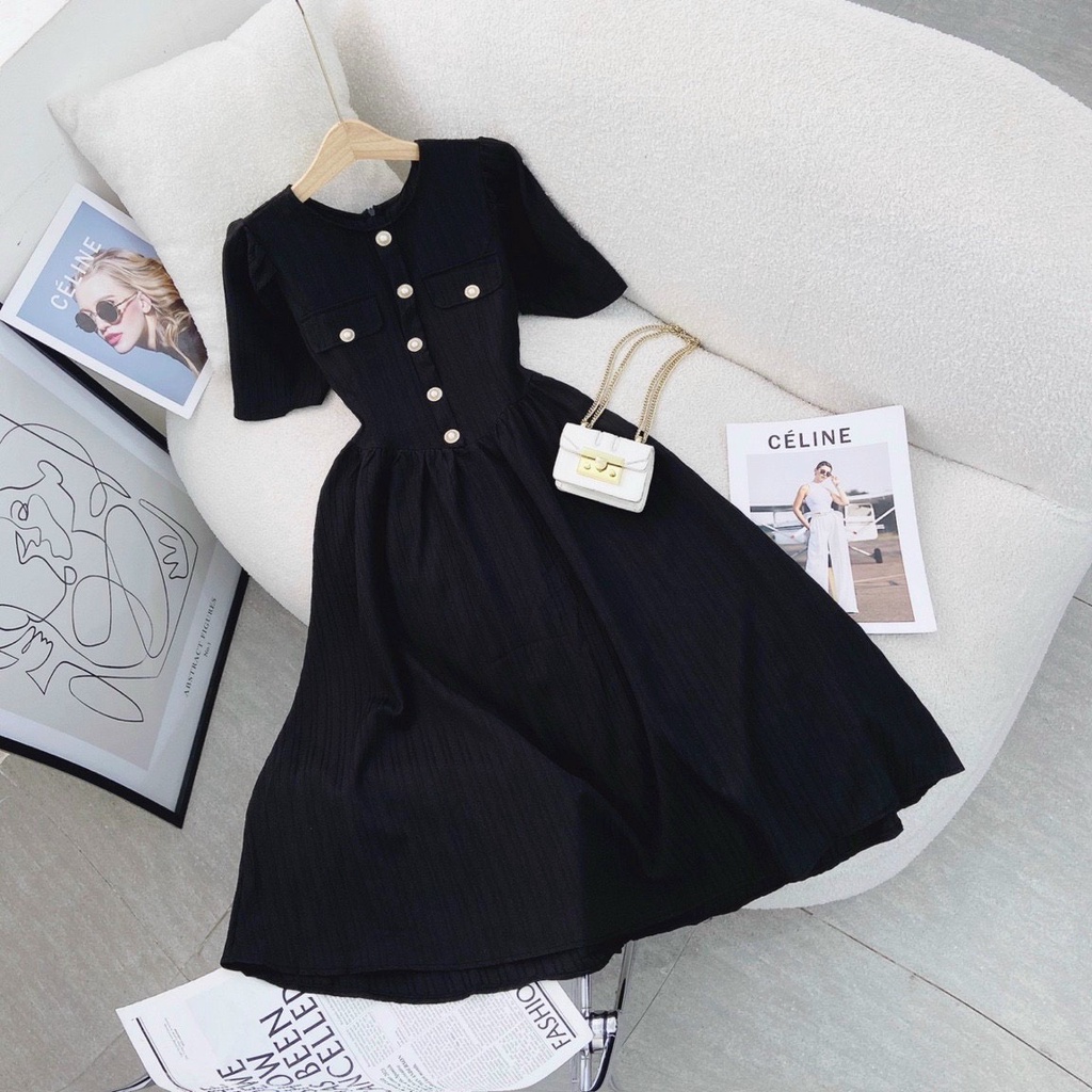 Đầm midi đen túi nắp thanh lich,cổ điển