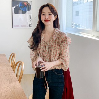 Áo sơ mi voan dài tay họa tiết hoa Hàn Quốc mới