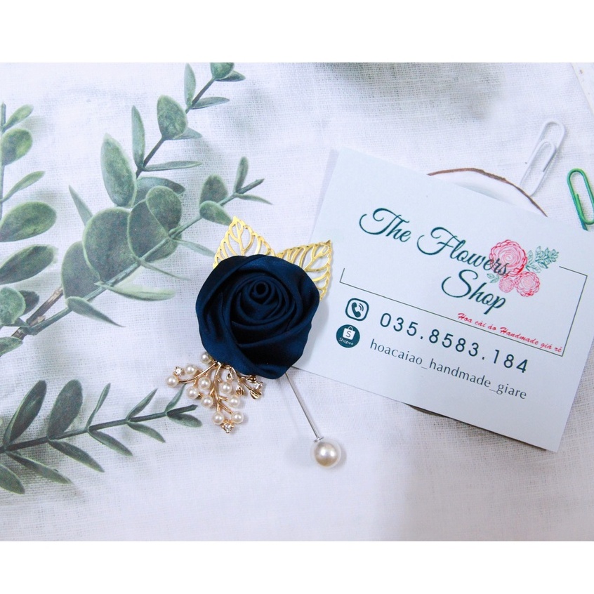 Hoa cài áo handmade - Cài áo nam nữ hồng búp xanh coban