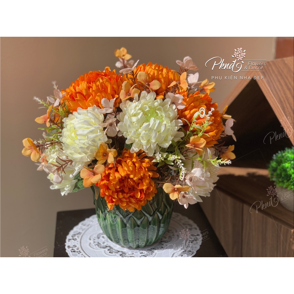 [Mã BMLT300 giảm 10% đơn 499K] Bình hoa giả cúc mẫu đơn để bàn đẹp PKND FLOWERS &amp; DECOR