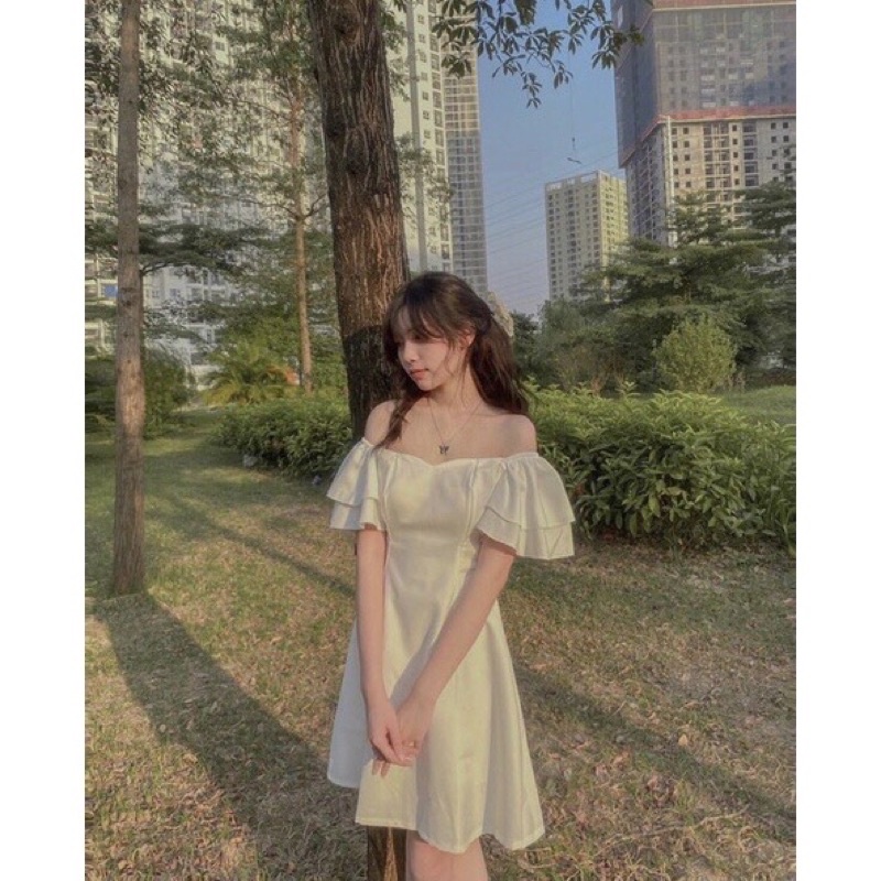 Váy Trễ Vai Hoặc Cổ Vuông Bèo Tầng Vai Khoá Lưng 2 Màu Đen Trắng, Đầm Dự Tiệc Nữ Ulzzang Phong Cách Hàn Quốc Chan House