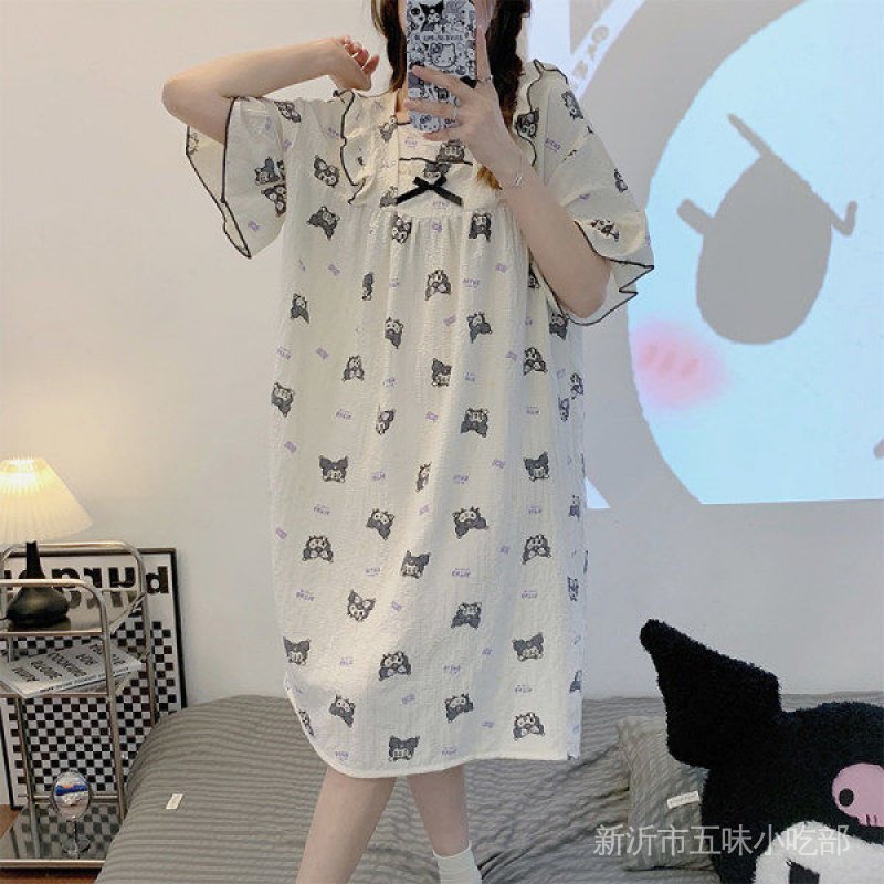 Đầm Ngủ Phối Bèo Đính Nơ Nhỏ Màu Đen Phong Cách Nhật Bản Thời Trang Xuân Thu Cho Nữ