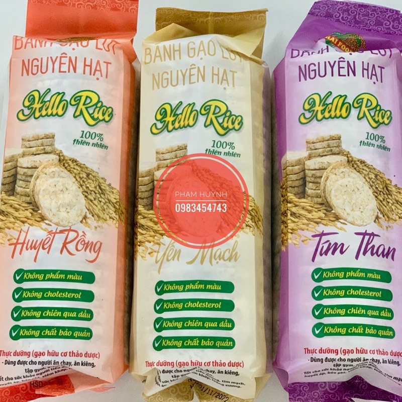 Bánh gạo lứt HELLORICE, bánh gạo lức không đường (yến mạch, tím than, huyết rồng) phù hợp ăn kiêng giảm cân eatclean