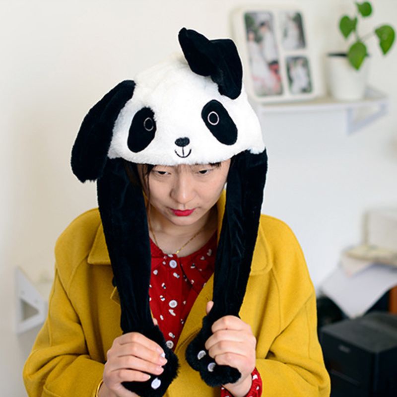 Nón Bông Giữ Ấm Tai Hình Gấu Trúc 3D Dễ Thương Có Túi Khí Chuyển Động
