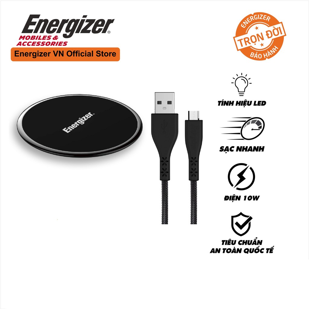 [Mã ELREHOT giảm 10% đơn 100K] Đế sạc không dây Energizer 10W, kèm cáp sạc micro USB màu đen - WLACBLBKM