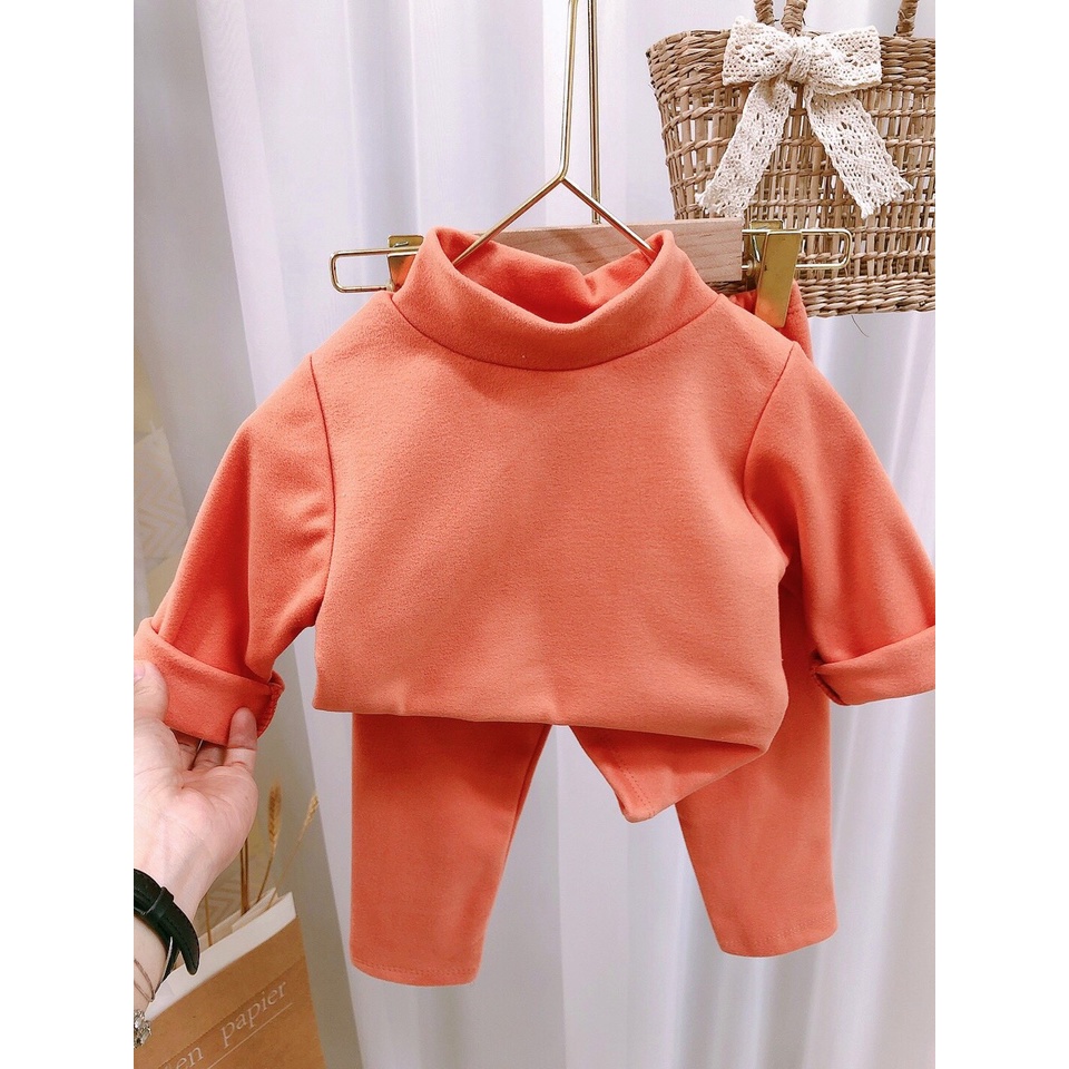 Bộ quần áo cotton giữ nhiệt HQ 2 mặt lông mềm mịn cho bé, Bộ thu đông cổ 3 phân giữ nhiệt cho bé