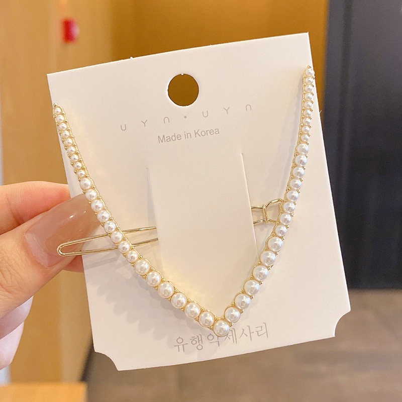 Kẹp tóc chữ V đính đá và ngọc trai giả phong cách Hàn Quốc thời trang dành cho nữ
