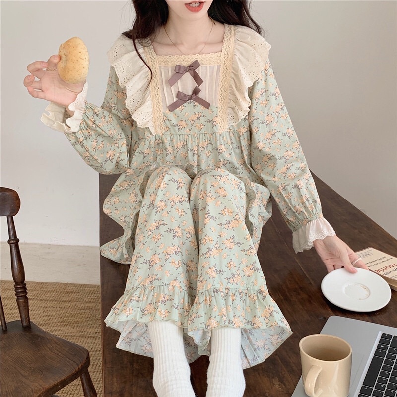 Đồ Ngủ Style Hàn Quốc_ Đồ Bộ Nữ Mặc Nhà Tiểu Thư Phối Bèo Ren Công Chúa Ulzzang