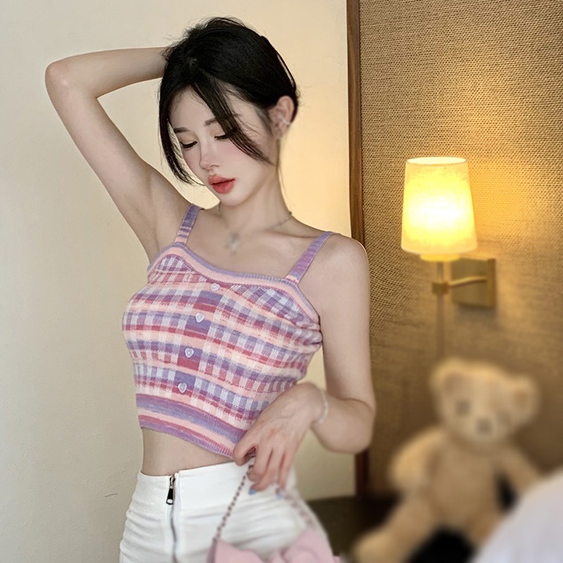 Áo Croptop Dệt Kim Hai Dây Màu Sắc Ngọt Ngào Thời Trang Cho Nữ