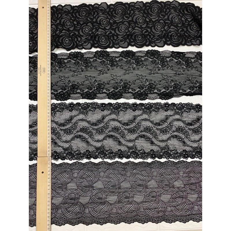 1m Ren thun,ren viền,thun ren bản 16cm mềm mại co giãn màu đen