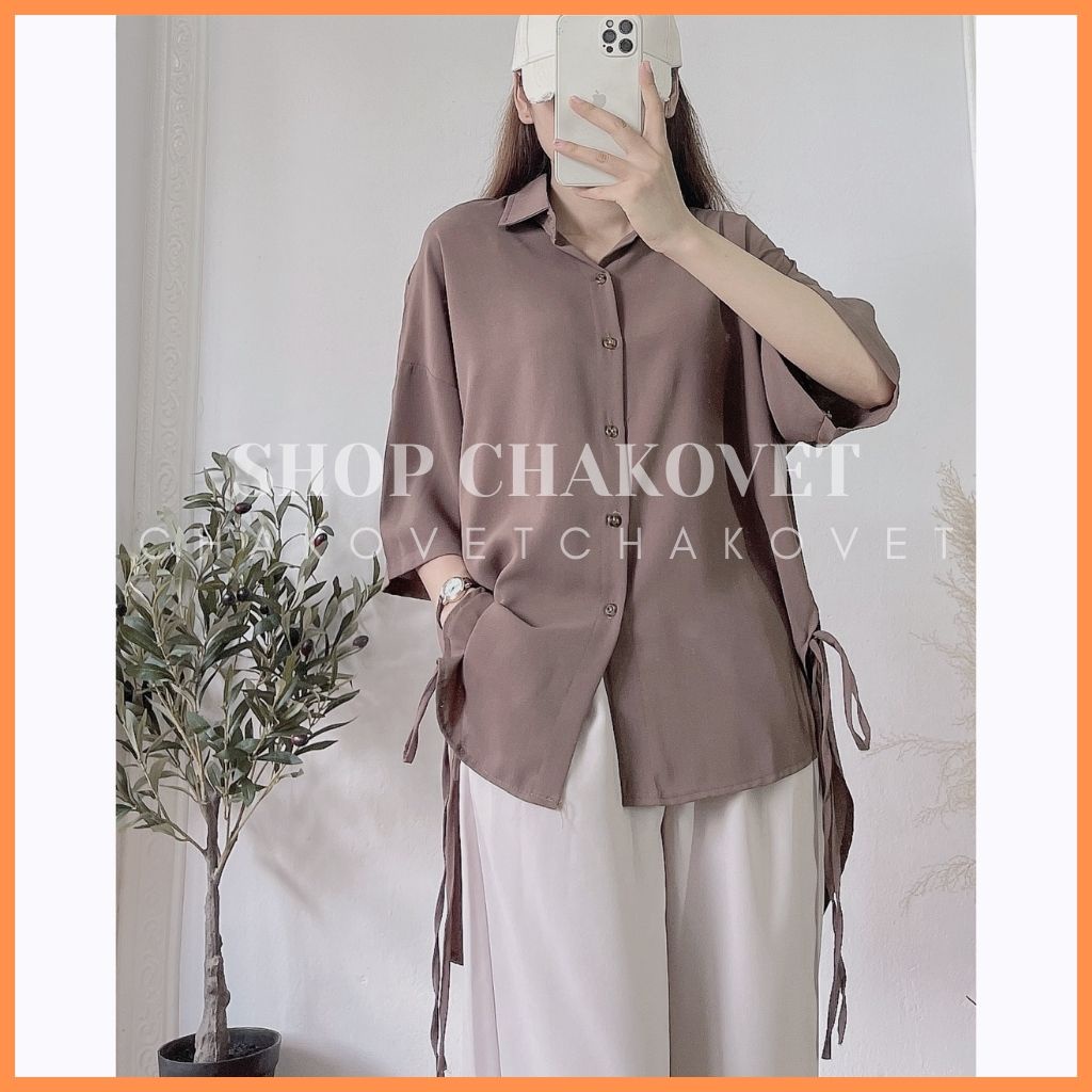 Áo babydoll nữ tay ngắn buộc nơ CKA865, mẫu áo sơ mi nữ form rộng xẻ tà 2 bên thắt nơ siêu xinh freesize &lt;53kg mẫu mới