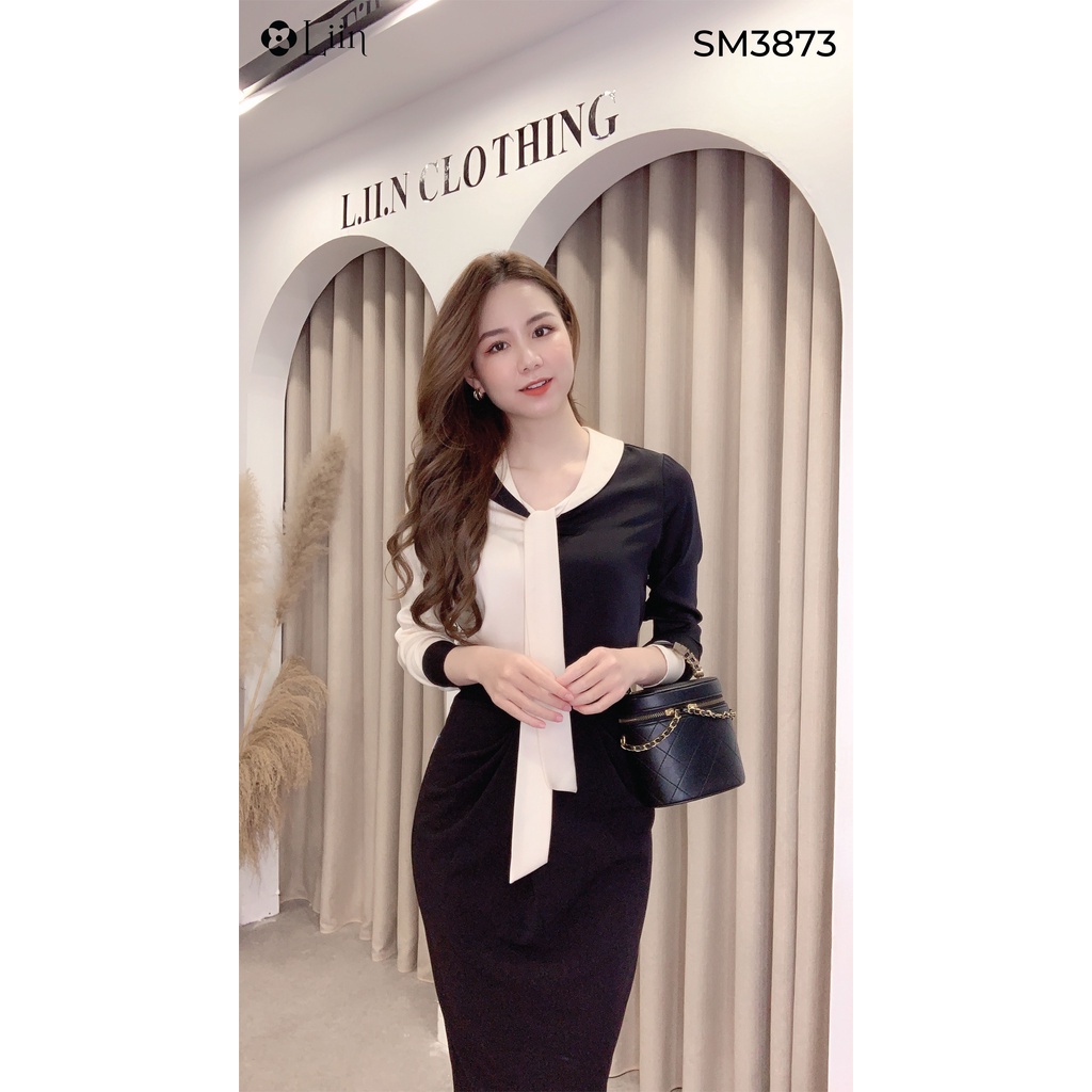 Áo sơ mi nữ dài tay chất vải Lụa Đen Phối Be cách điệu sang chảnh Liin Clothing SM3873