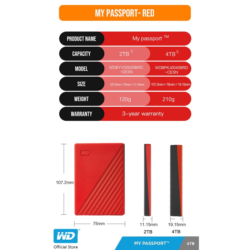 Ổ cứng WD My Passport 2.5 INCH( USB 3.2) 2TB Portable( Đỏ)-