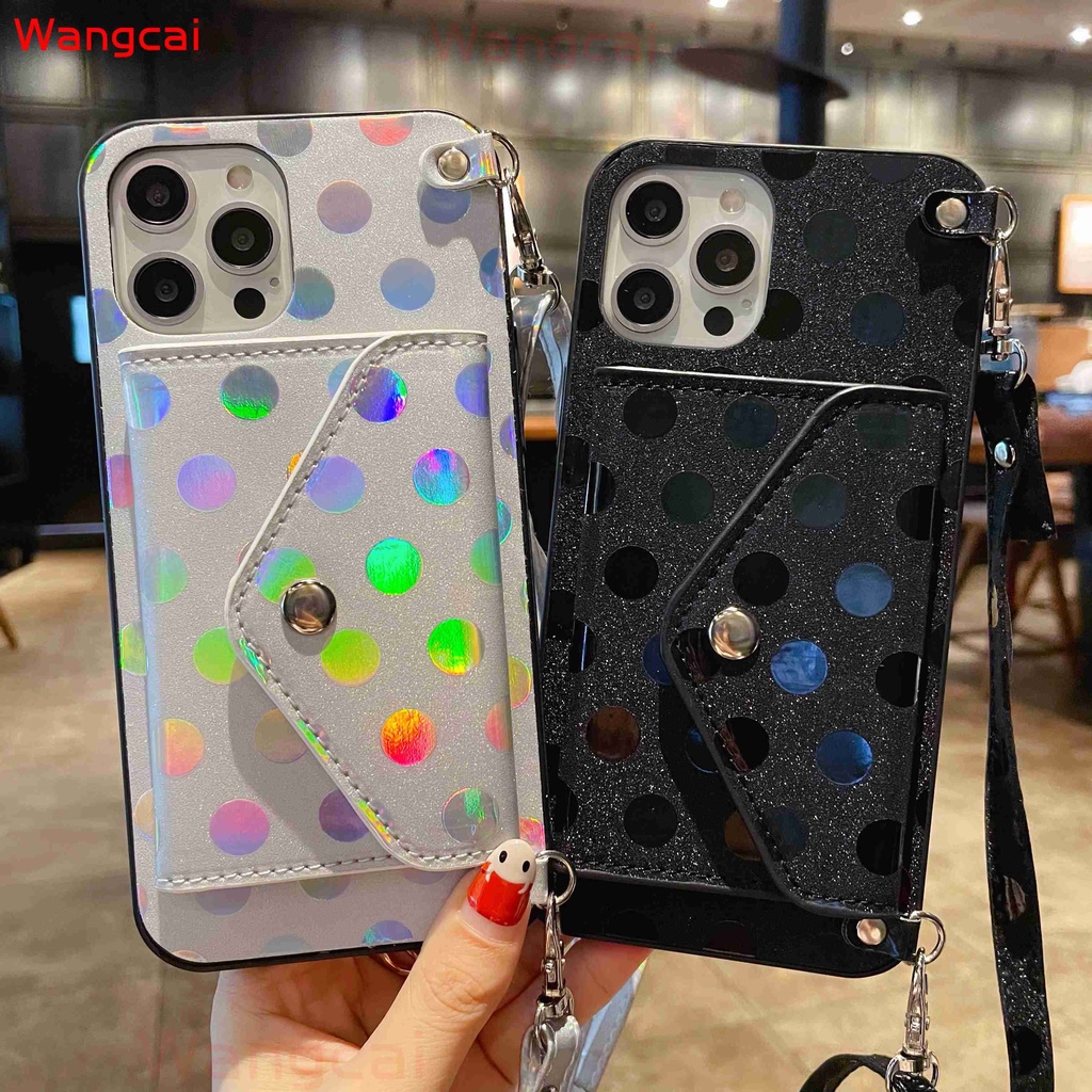 Ốp điện thoại kèm ví họa tiết chấm bi với dây đeo thích hợp cho iPhone 12 Mini 12 11 Pro Max XS Max XR X 7 8 6 6s Plus