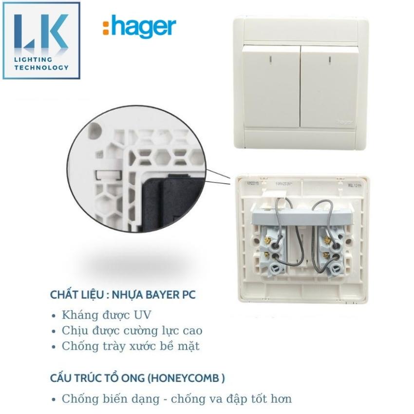 Công tắc đôi 1 chiều Hager - WGL121N - có đèn Neon và cao su giảm chấn do LK phân phối chính hãng - bảo hành 12 tháng