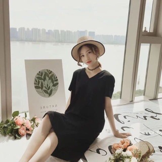 Váy suông basic cổ tym dáng dài chất cotton(2 màu đen-xám)