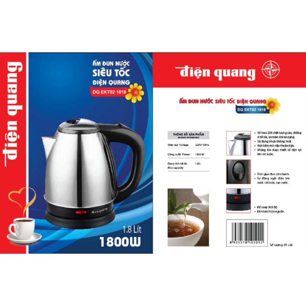 Ấm siêu tốc inox 1.8L điện quang hàng cao cấp, đun nước sôi siêu nhanh, chống cháy, đế xoay 360 độ, có giấy bảo hành