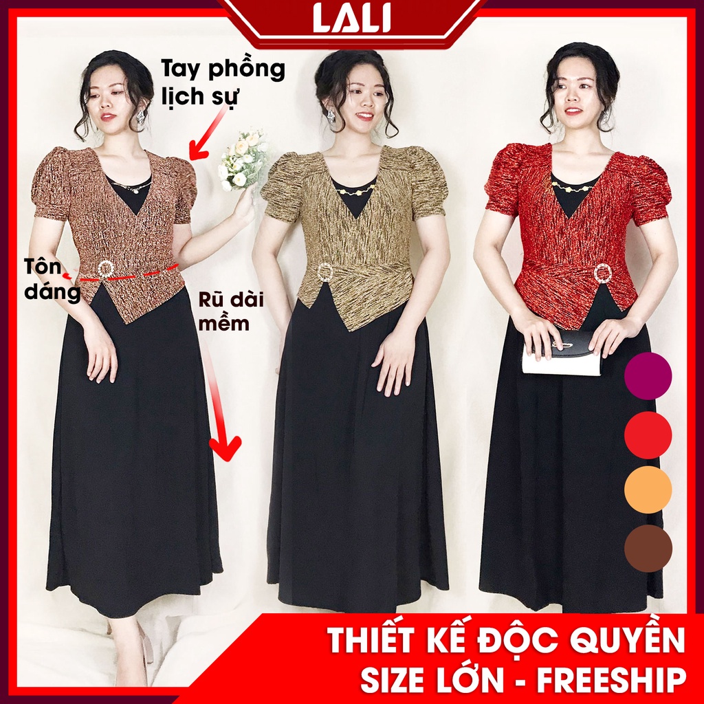 Đầm maxi dáng dài tay phồng, Váy trung niên cổ đắp thun co dãn thiết kế LALI MS72